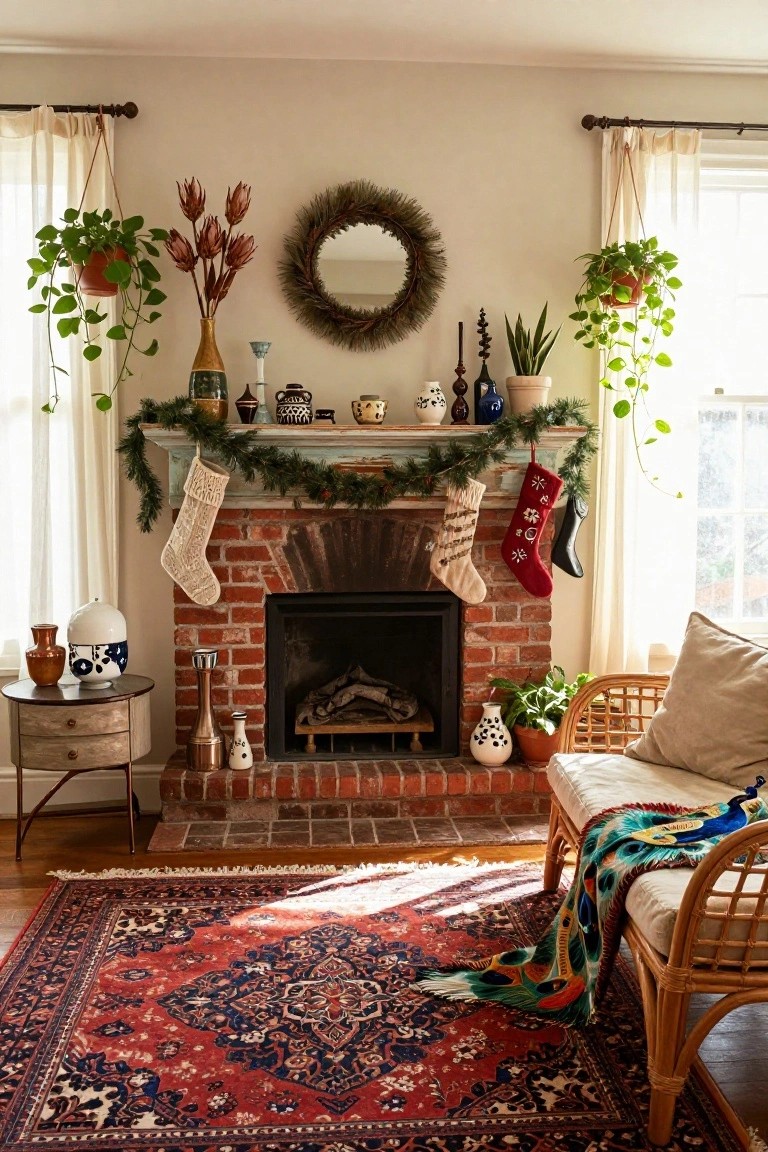 Cozy living room with a brick fireplace, festive stockings, plants, and a patterned rug.