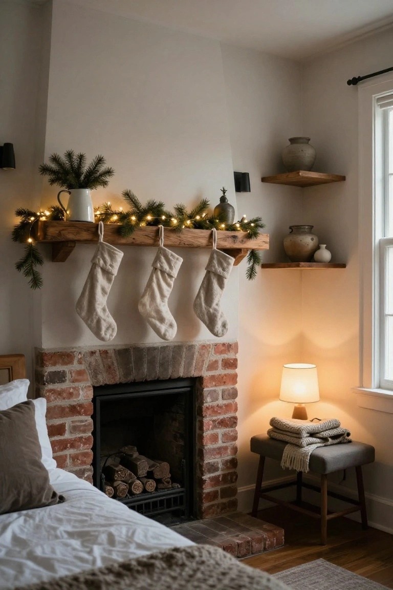 Corner brick fireplace in a bedroom with rustic wooden mantel decorated by three hanging cream knit stockings, fairy light garland with pine sprigs, white pitcher, pottery on floating shelves, lamp on stool, and bed in foreground.