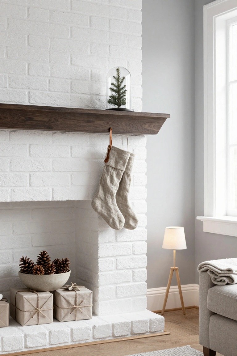 White brick fireplace mantel with dark wood shelf holding a glass-domed tiny Christmas tree, two beige knit stockings hanging from leather straps, a bowl of pinecones, and two wrapped gifts in beige paper on the hearth, next to a tripod lamp and gray armchair in a light gray room.