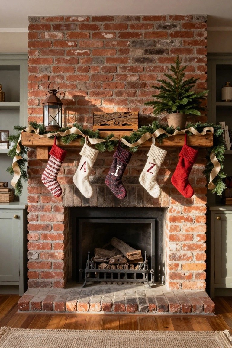 Brick fireplace with wooden mantel holding Christmas garland, burlap ribbons, knit stockings monogrammed with letters, a lantern, wooden box, and small potted tree nearby, flanked by green cabinets.