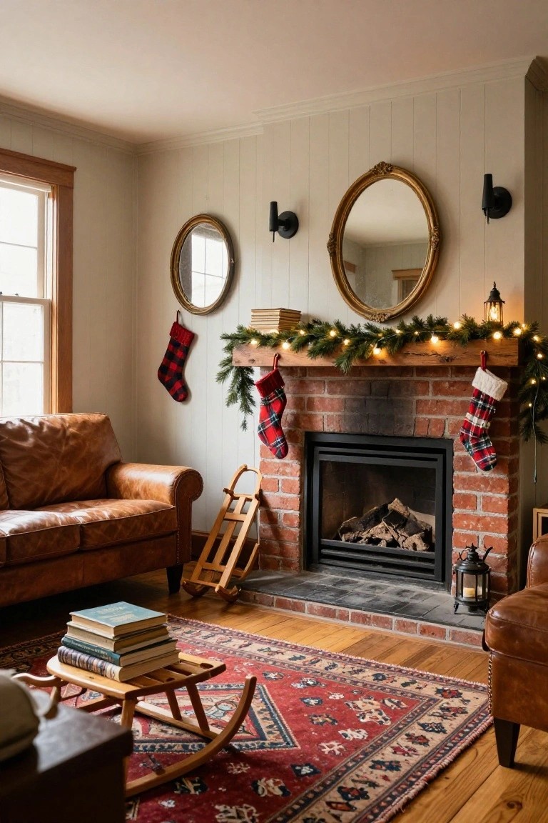 Living room interior with brick fireplace topped by wooden mantel holding evergreen garland with lights and plaid plus white fur stockings, leather sofas, wooden sled, books on footstool, red rug, and wall mirrors.