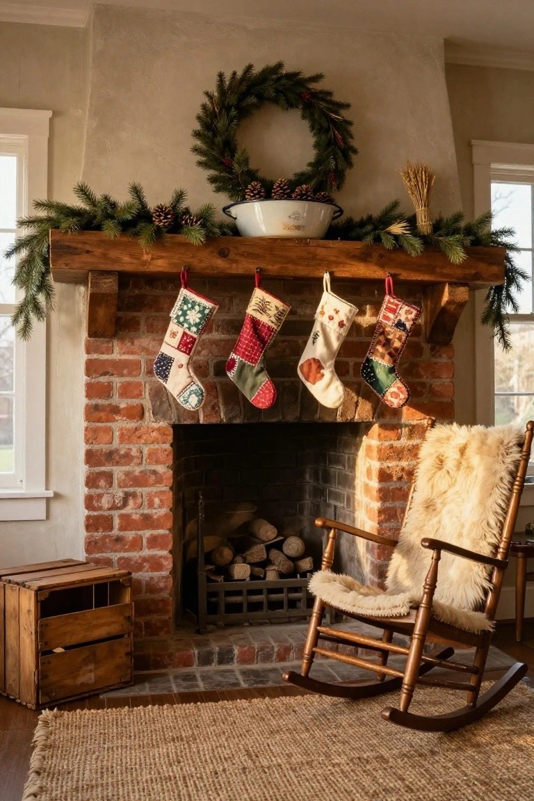 Brick fireplace with wooden mantel holding colorful patchwork Christmas stockings, evergreen garlands, pinecones in a white bowl, and wheat stalks above, plus a wooden crate and sheepskin-covered rocking chair in front.