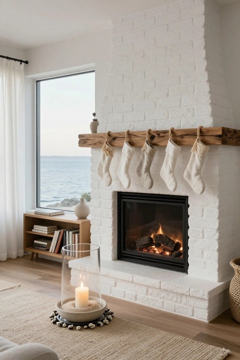 White brick fireplace with rustic wood beam mantel holding four white knit Christmas stockings with tassels, large window showing ocean view, bookshelf nearby, and floor candle in glass holder.