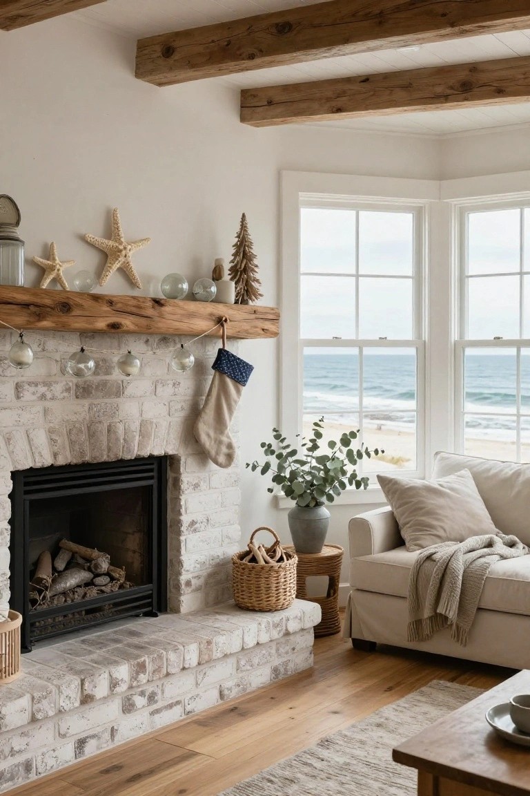 Whitewashed brick fireplace with rustic wooden mantel strung with glass ball garland and lights, navy and cream stockings hanging, starfish and small Christmas tree on shelf above, beige sofa nearby, and ocean view through corner windows.
