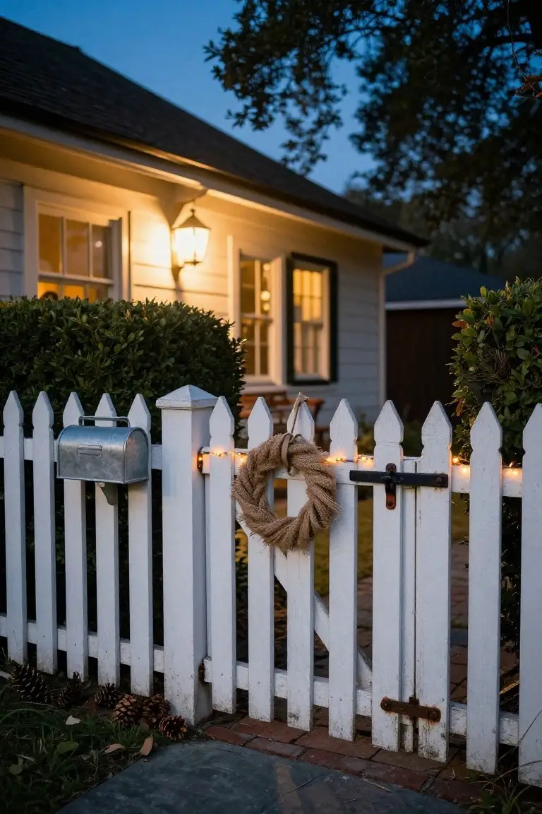 White picket fence with string lights along the top rail and gate, rope wreath on one post, metal mailbox mounted on a post, bushes and house visible at dusk.