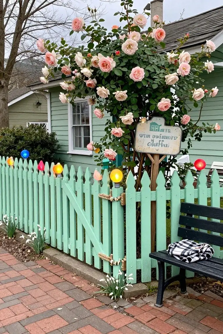 Mint green picket fence topped with colorful hanging orb lights in blue, yellow, pink, orange, and other shades, climbing pink roses on the fence in front of a light green house with a wooden sign and bench nearby.
