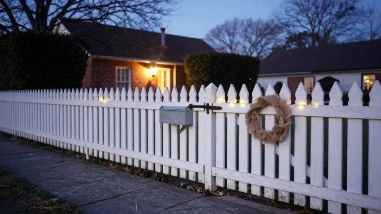 White picket fence with string lights along the top rail and gate, rope wreath on one post, metal mailbox mounted on a post, bushes and house visible at dusk.