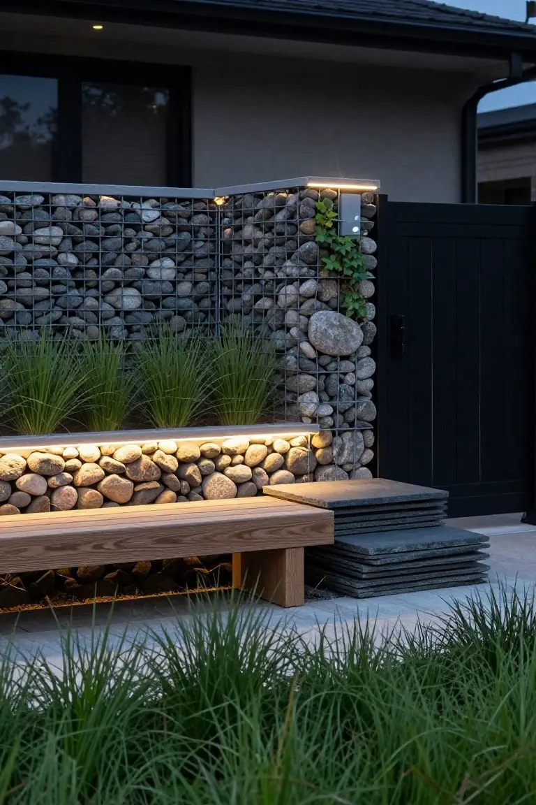 Gabion wall of wire mesh filled with gray rocks beside a modern house at dusk, with LED strip lights glowing along the top and base edges, wooden bench integrated at the bottom, grasses planted nearby, and black gate adjacent.