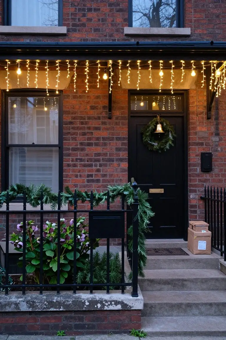 Brick townhouse facade at dusk with black front door featuring a green wreath and brass bell, icicle string lights draped from porch overhang, evergreen garland wrapped around black iron fence railing, potted hellebores, and two cardboard delivery boxes on concrete steps.