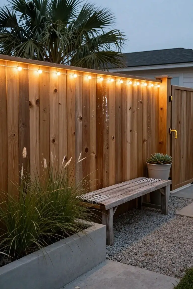 Wooden privacy fence topped with warm white globe string lights leading to a gated entry, with a wooden bench, pampas grass in a concrete planter, succulent in a pot, and gravel path beside a palm tree.