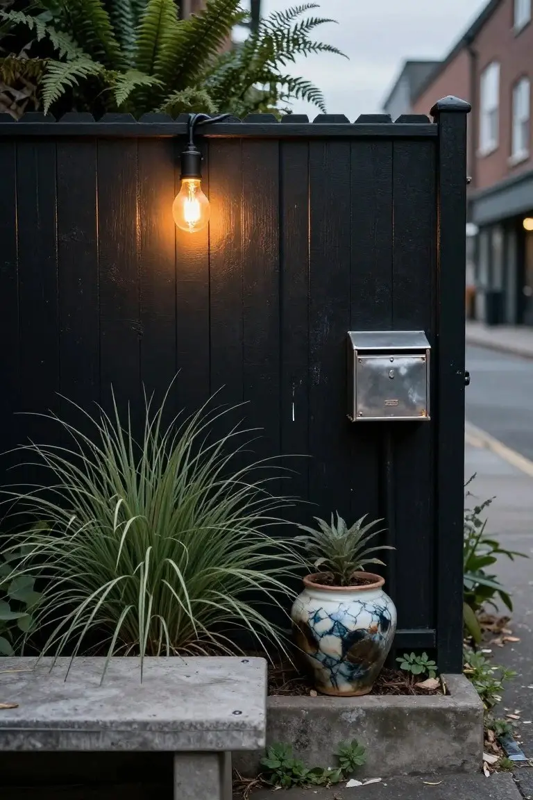 Black wooden slatted fence with a hanging black fixture and lit exposed bulb, potted grasses and agave plant at the base, concrete bench, and attached silver mailbox beside a street.