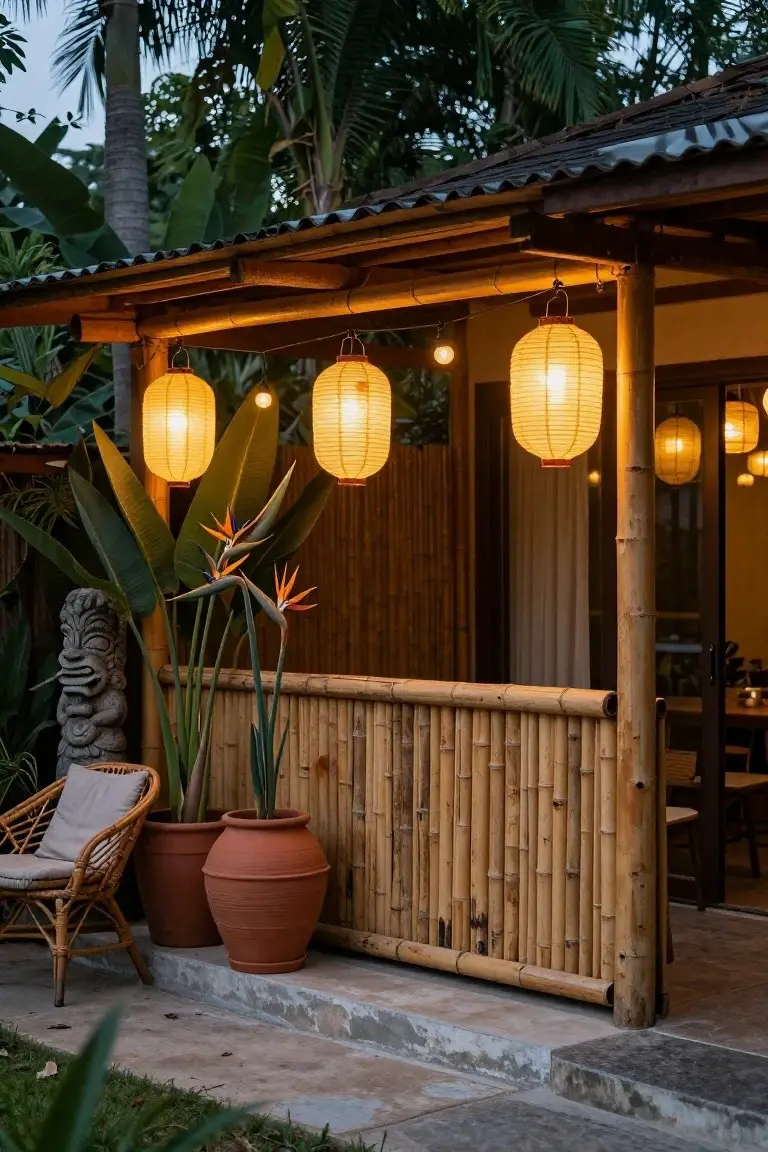 Outdoor porch with bamboo fencing, hanging paper lanterns and string lights, potted plants, bird of paradise flowers, tiki statue, rattan chair, and terrace flooring at dusk.