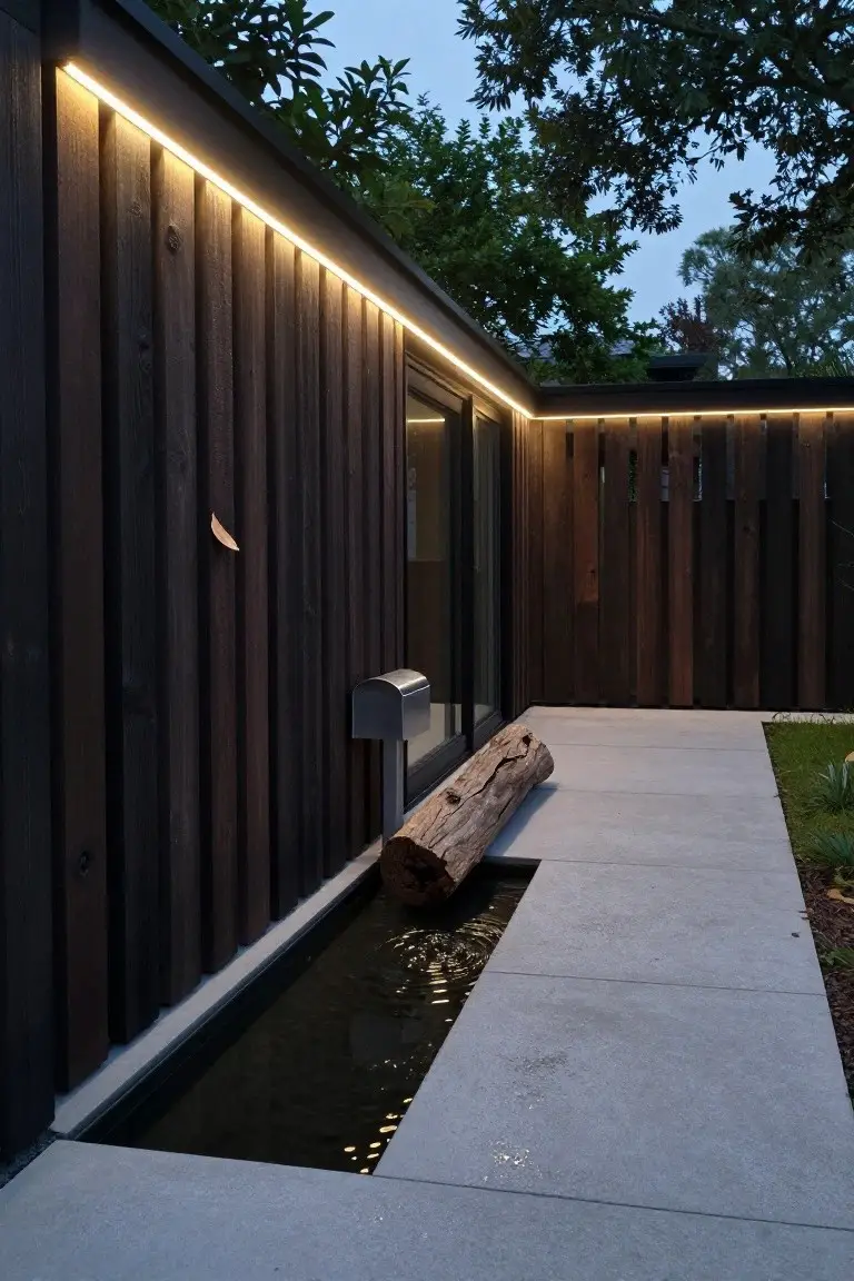 Dark wood vertical slat fence and house wall with thin white LED strip lights glowing along the top edges, next to a sliding glass door, mailbox, concrete pathway, log, and narrow water channel in a garden setting at dusk.