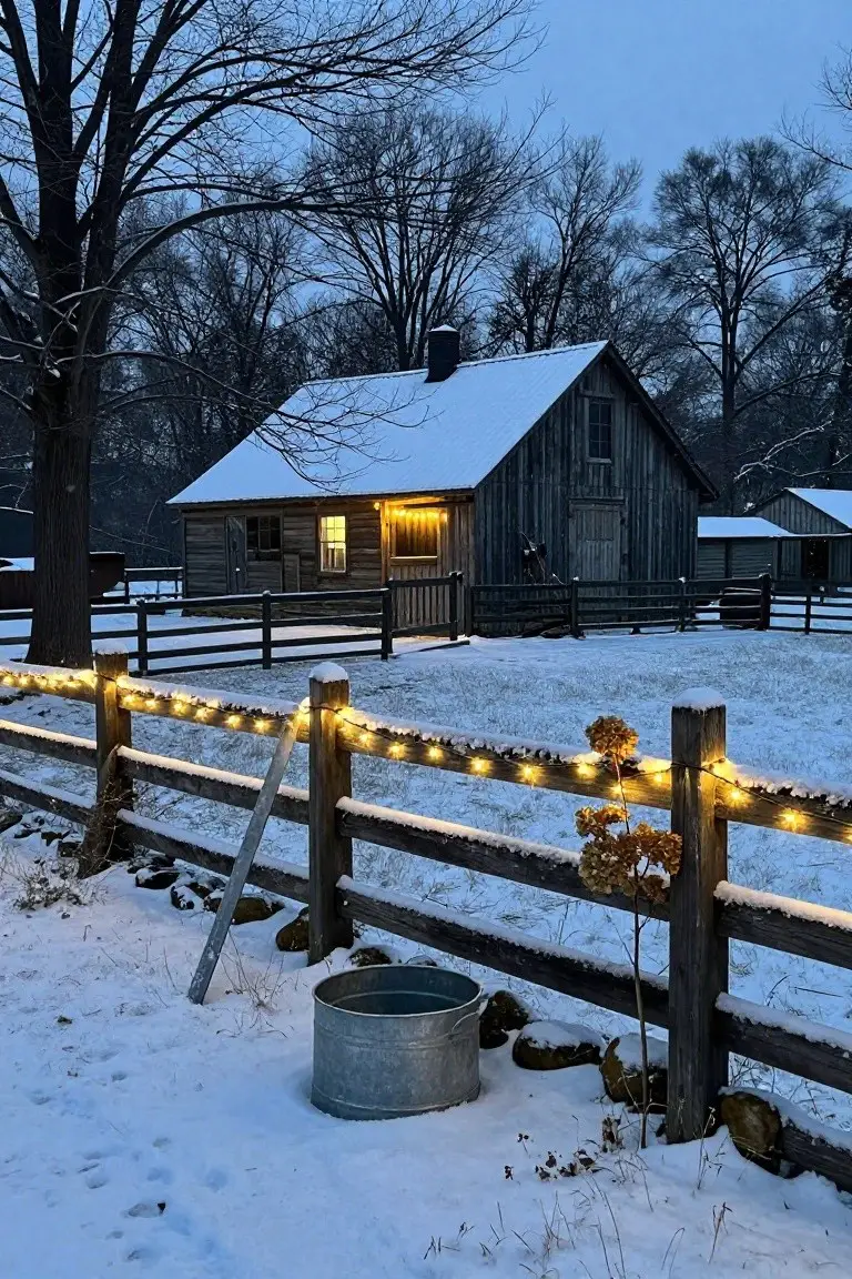 Snowy rustic split-rail wooden fence wrapped in white string lights, with log cabins and barns in the background on a winter evening.