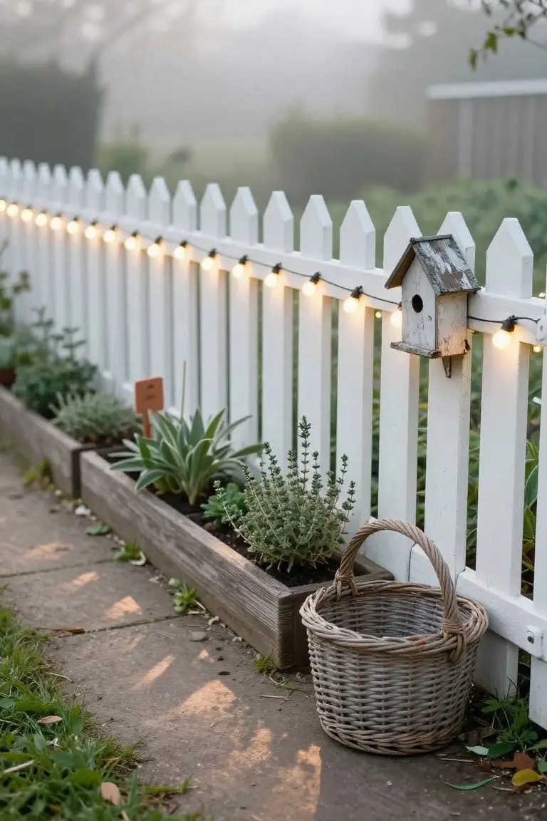 White picket fence with string lights draped along the top, a weathered birdhouse mounted on one post, raised wooden garden beds filled with succulents and herbs at the base, and a wicker basket on a stone path beside patchy grass in morning mist.