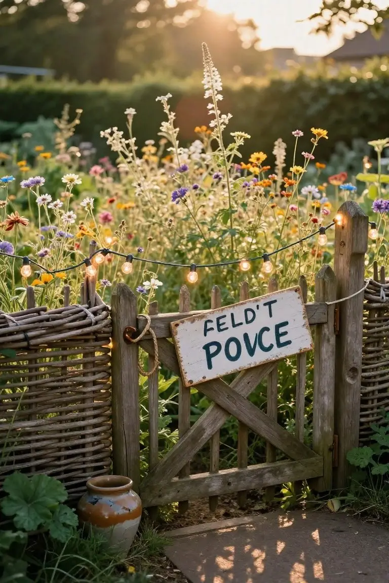Rustic wooden garden gate with wicker panels and a sign reading 
