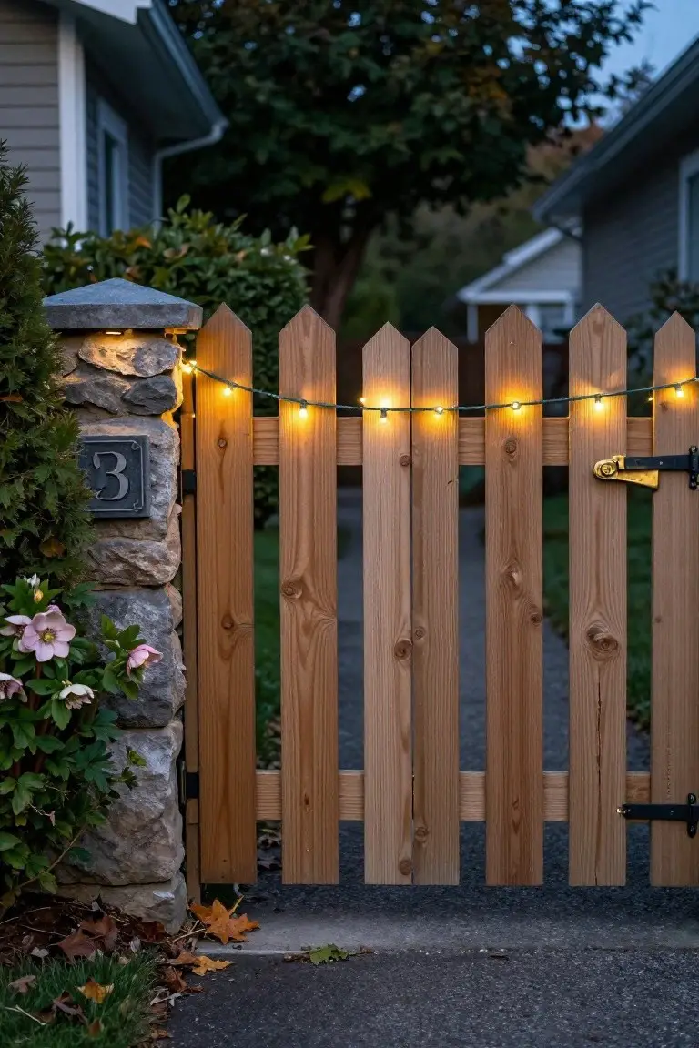 Wooden picket fence gate with string lights wrapped along the top rail, stone pillar with house number 3 on the left, plants and trees around, neighboring houses visible at dusk.