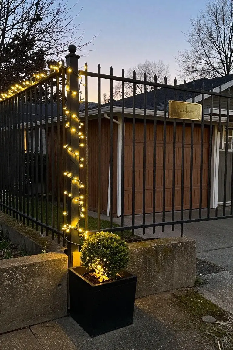 Black wrought iron fence wrapped with small warm white string lights along posts and rails at dusk, beside a brown wood garage door, a house wall, and a black planter with lit boxwood shrub on a concrete base.