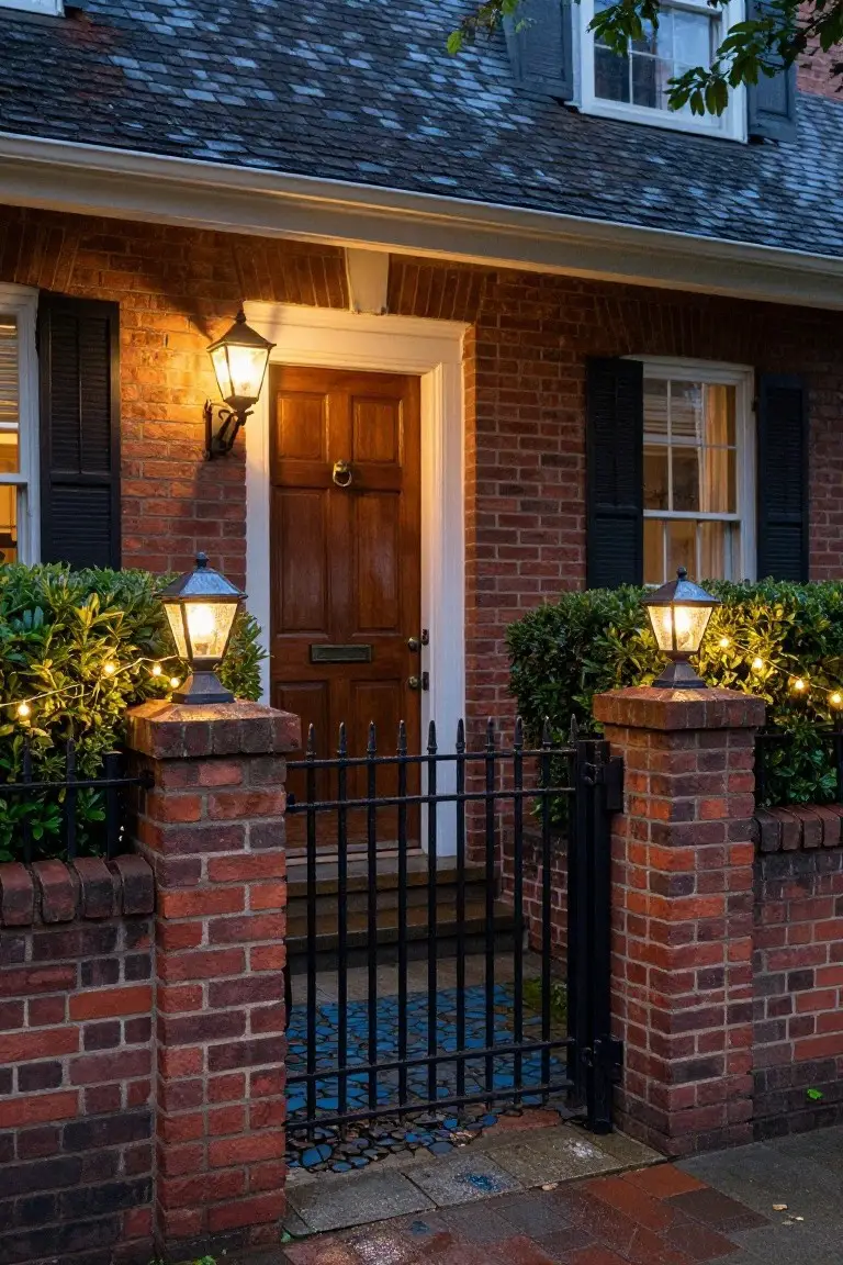 Brick house front entrance at dusk with wooden door, black wrought-iron gate between brick pillars topped with lanterns, boxwood shrubs, and string Christmas lights along the fence and bushes.