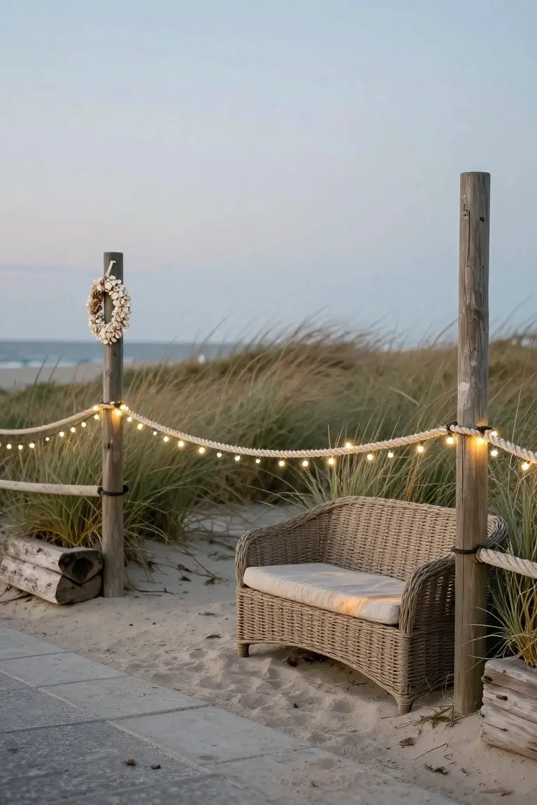 Wicker loveseat bench positioned by a rope fence strung with small white lights on wooden posts amid sand dunes, sea grass, and a beach path at dusk.