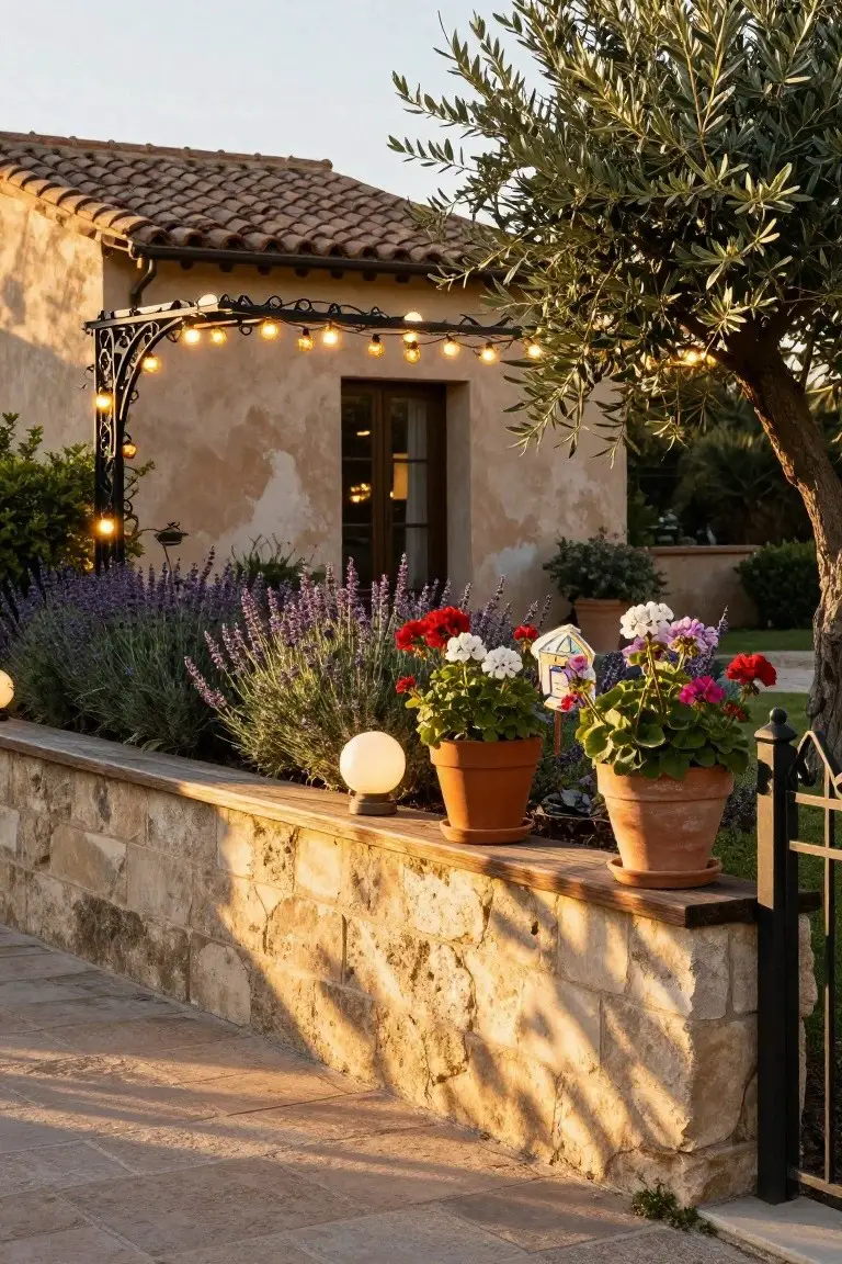 Stone wall topped with wood along a garden path, planted with lavender and potted geraniums under a black wrought iron arch strung with warm string lights, next to an olive tree and a stucco house with terracotta roof at sunset.