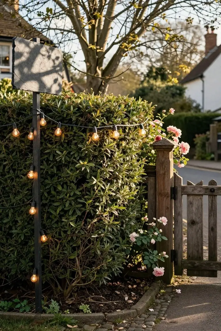 Black metal post with string lights draped over dense green hedge and bushes, pink roses near wooden picket gate, house and bare tree in background.