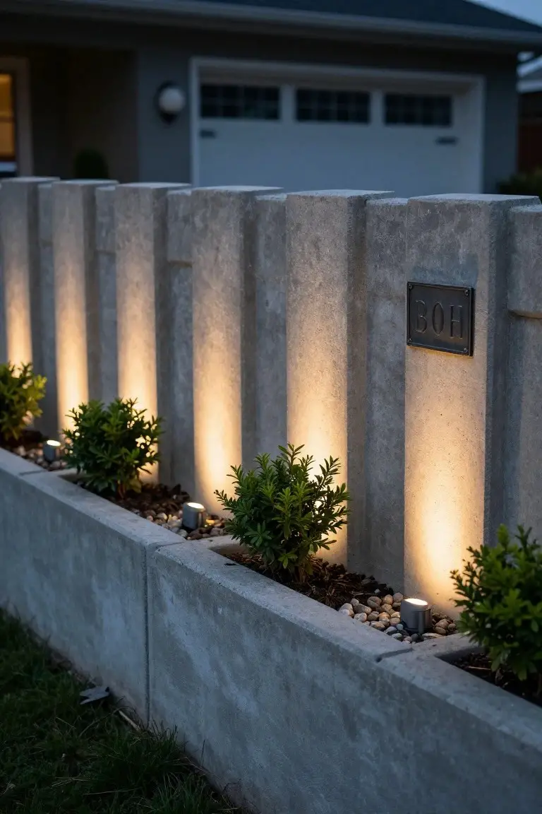 Concrete fence with evenly spaced tall vertical posts illuminated from below by small ground-mounted uplights, low boxwood shrubs and pebbles in the bed along the base, house garage visible behind at dusk.
