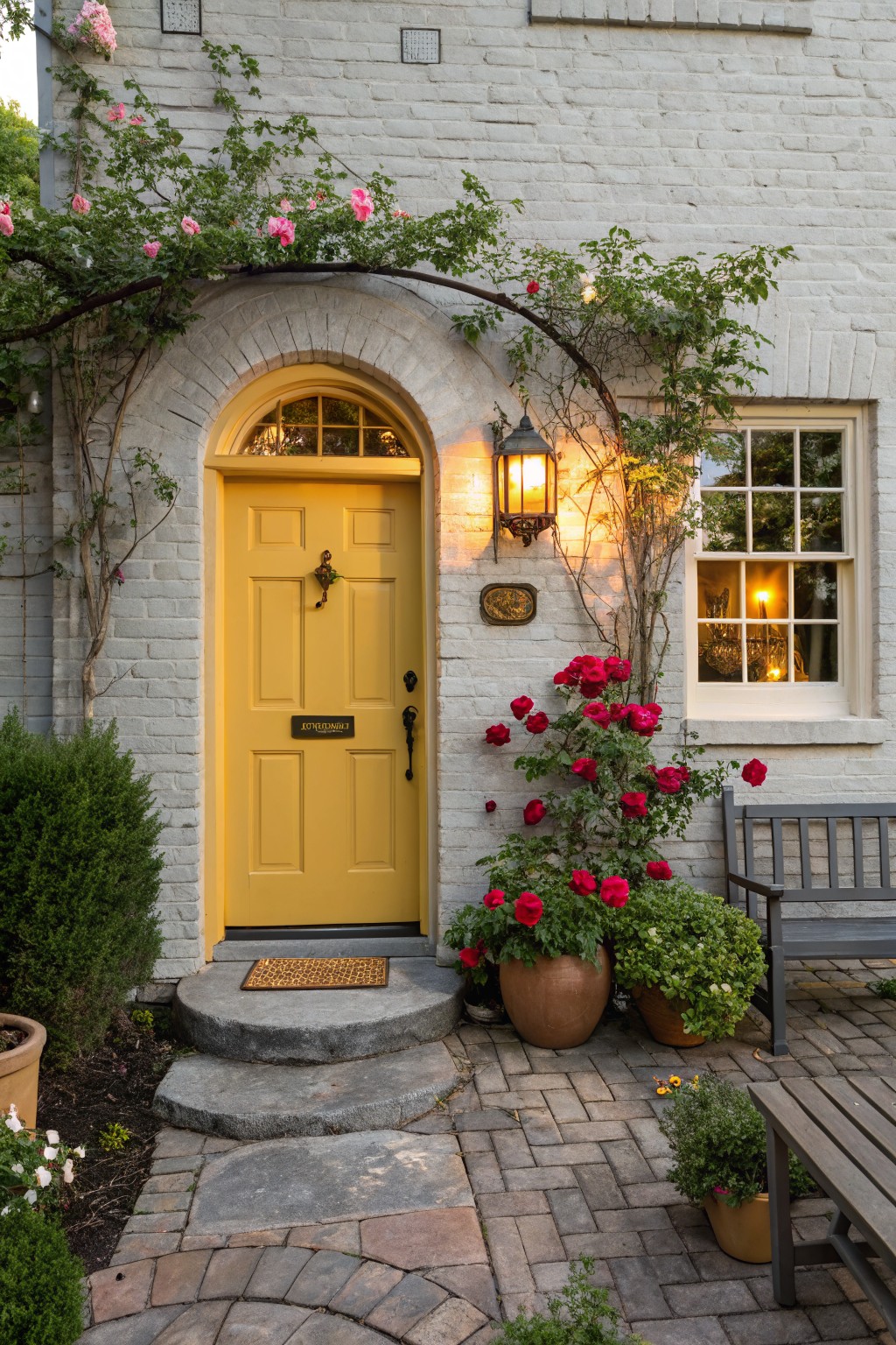 White brick house exterior featuring an arched yellow front door with brass knocker, surrounded by climbing pink and red roses, potted plants, a bench, and lantern lighting on a stone step entry.