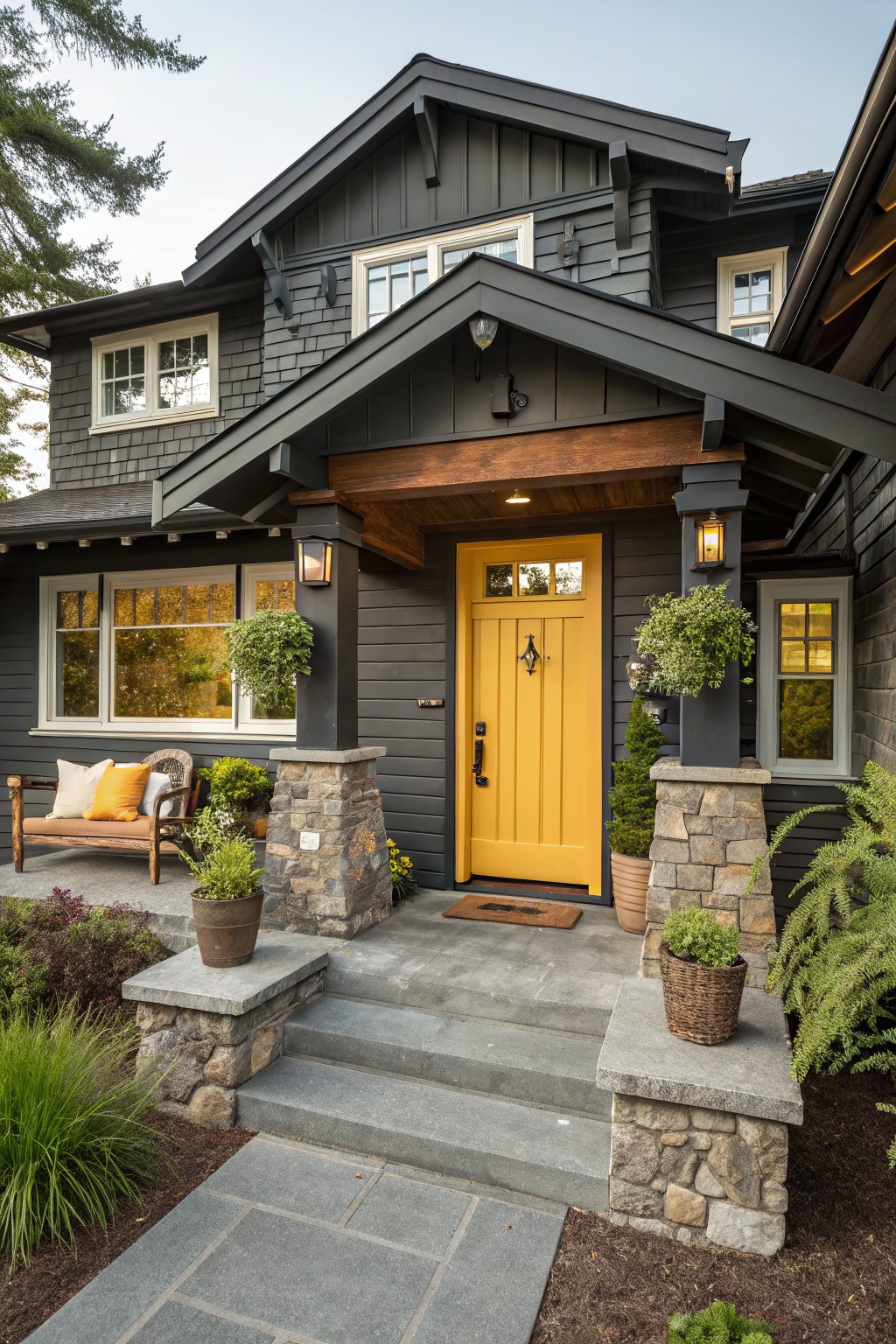 Front view of a two-story dark gray shingle-style house with a bright yellow paneled front door, wooden covered porch, stone pillars, potted plants, and landscaping.