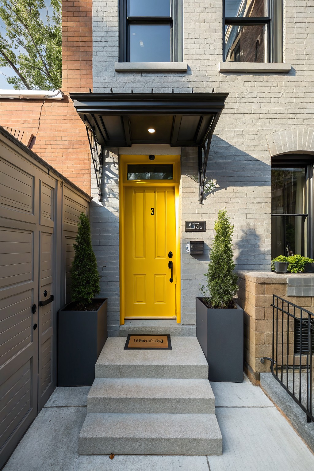 Gray brick rowhouse exterior with bright yellow front door under black metal awning, flanked by tall black planters with topiary trees, gray wood garage doors to the left, concrete entry steps, and house number plaque.