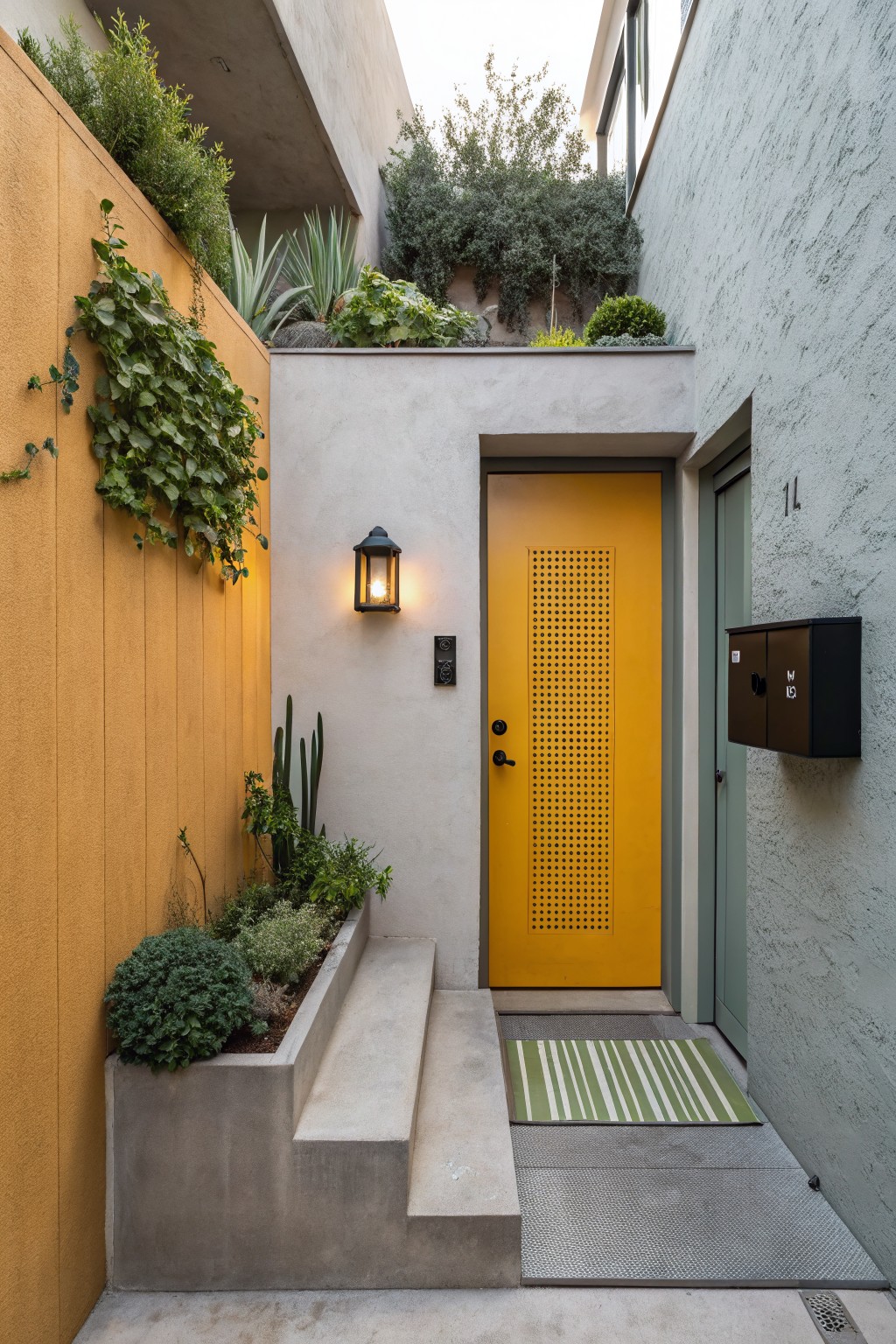 Narrow exterior entry between tall yellow wood wall with climbing plants and light gray stucco building, featuring centered yellow perforated door with black lantern light, concrete steps, planter boxes, and green striped doormat.