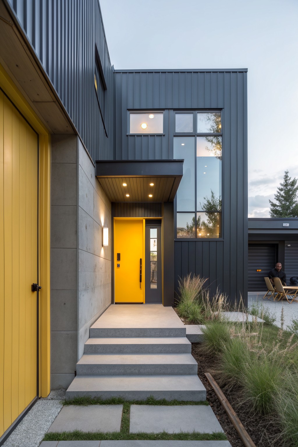 Modern house exterior featuring dark gray corrugated metal siding, a yellow paneled front door, concrete entry steps and wall, large windows, and ornamental grasses at the base.