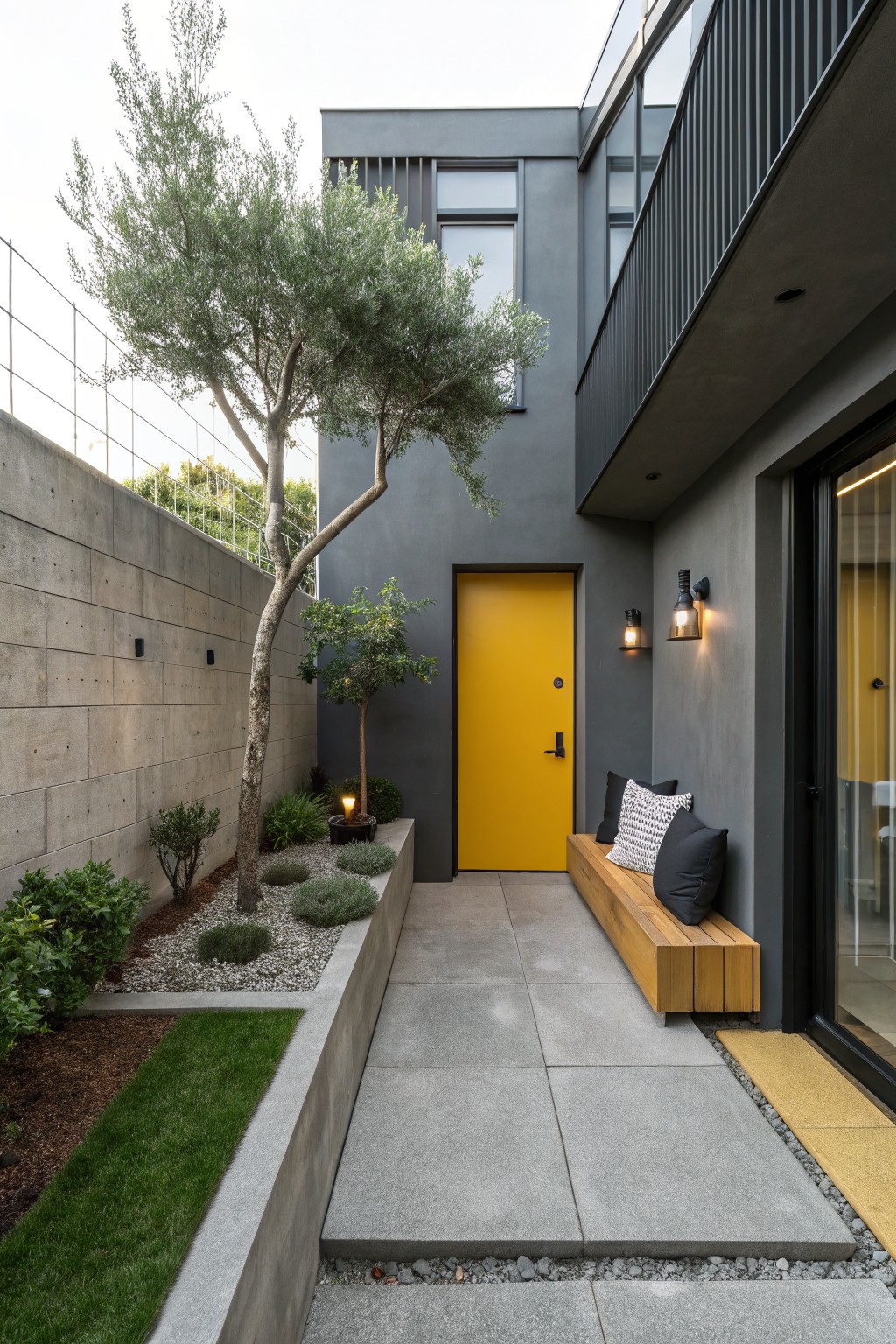 Modern gray concrete house exterior with yellow entry door, black lanterns, wooden bench with black and white pillows, olive tree, gravel beds, and concrete pathway.