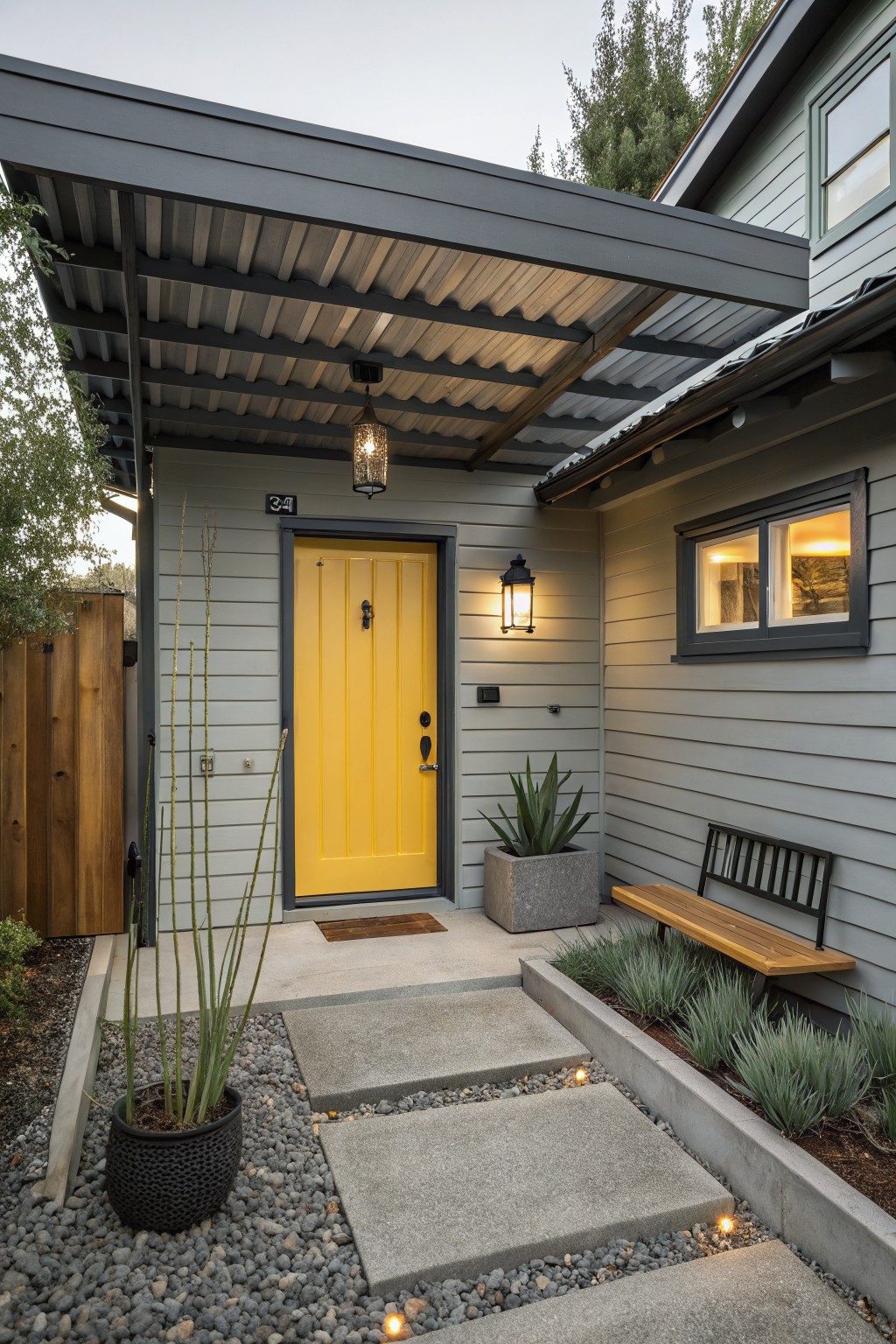 Gray shingled house exterior with yellow front door under corrugated metal awning, black lantern lights, potted agave plants, wooden bench, and concrete pathway with pebble ground cover.