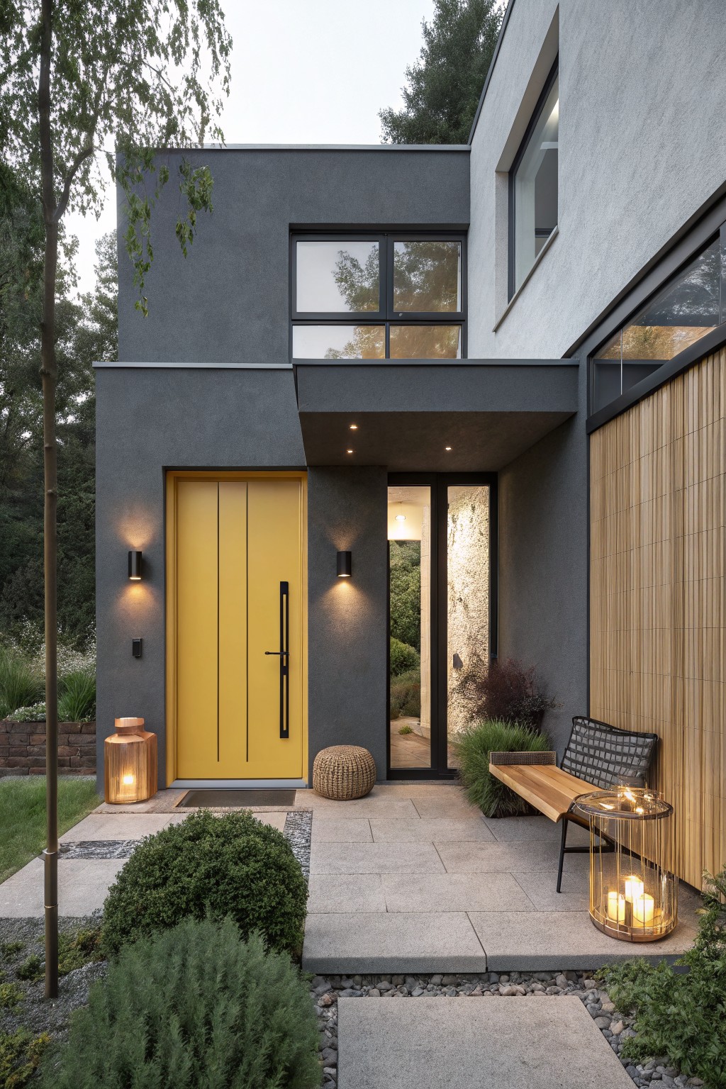 Modern two-story house with gray stucco and white trim exterior featuring a tall yellow front door, black wall sconces, glass side panel, wooden bench, lanterns, and gravel path with shrubs in the front yard at dusk.