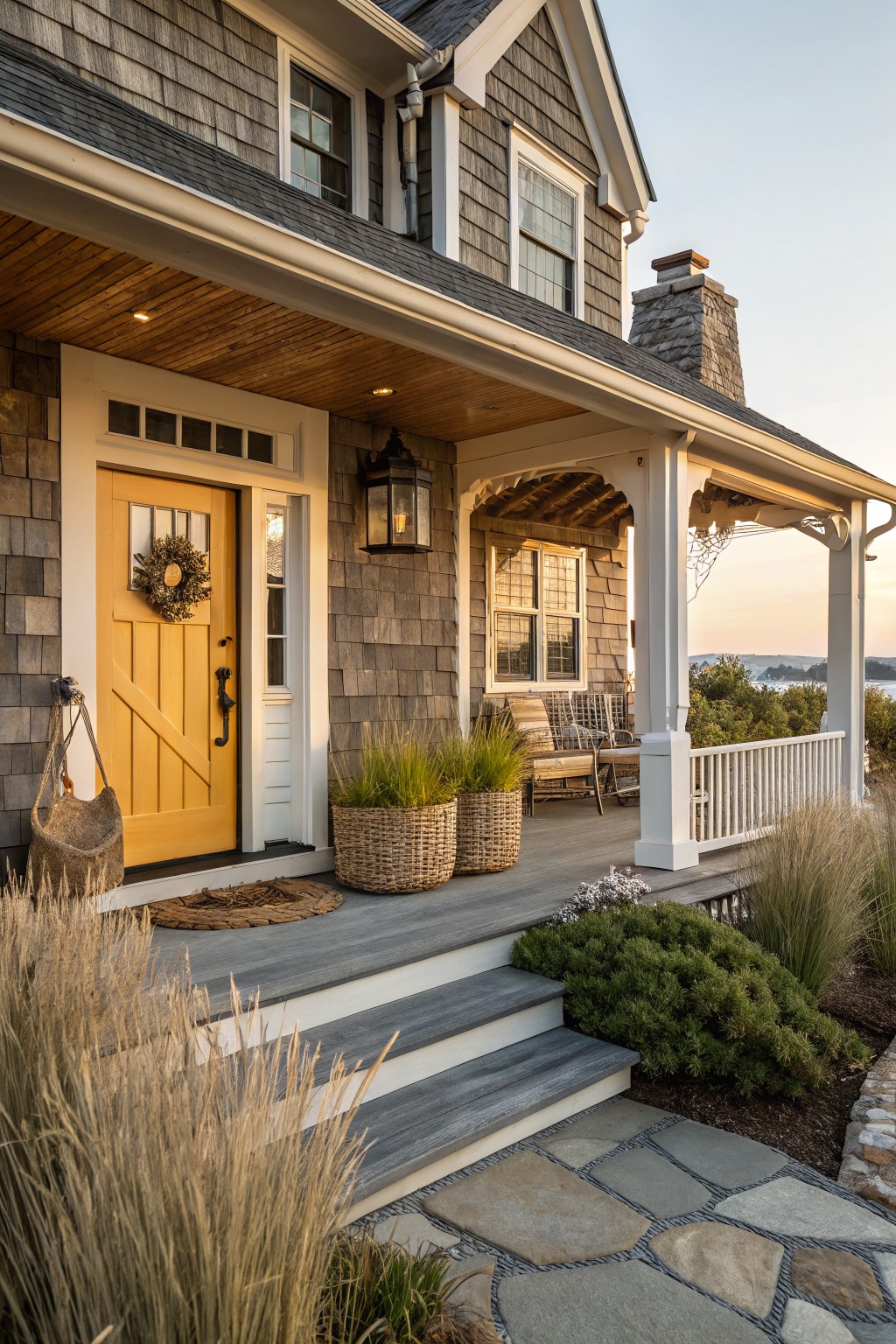 Gray shingle house exterior with a yellow paneled front door on a covered porch, white columns, lantern light, potted grasses, and steps leading to a stone path by the water.