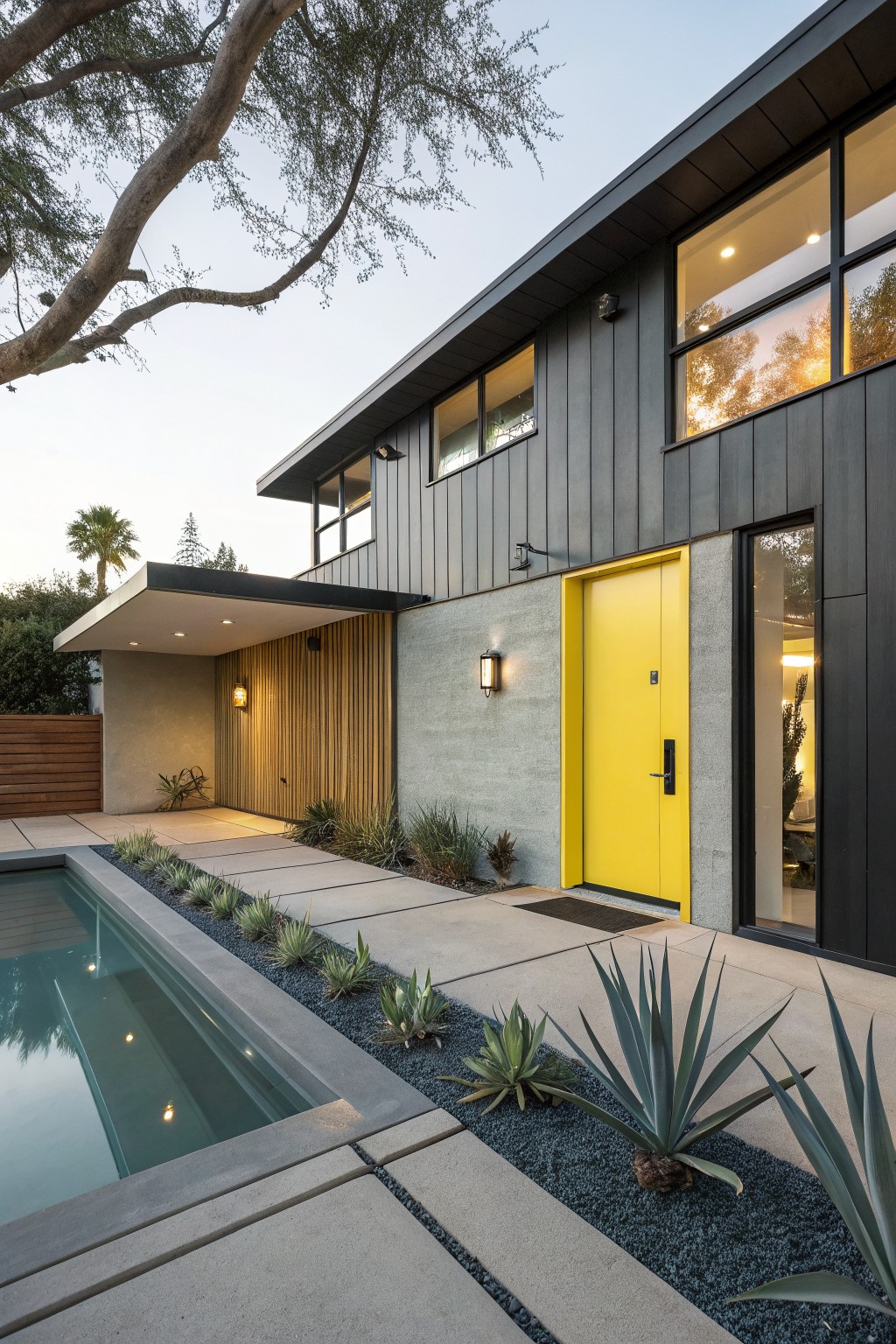 Modern house exterior with dark gray vertical siding, yellow front door in a concrete frame, wooden accent wall, large windows, infinity-edge pool, and agave plants along the concrete path.