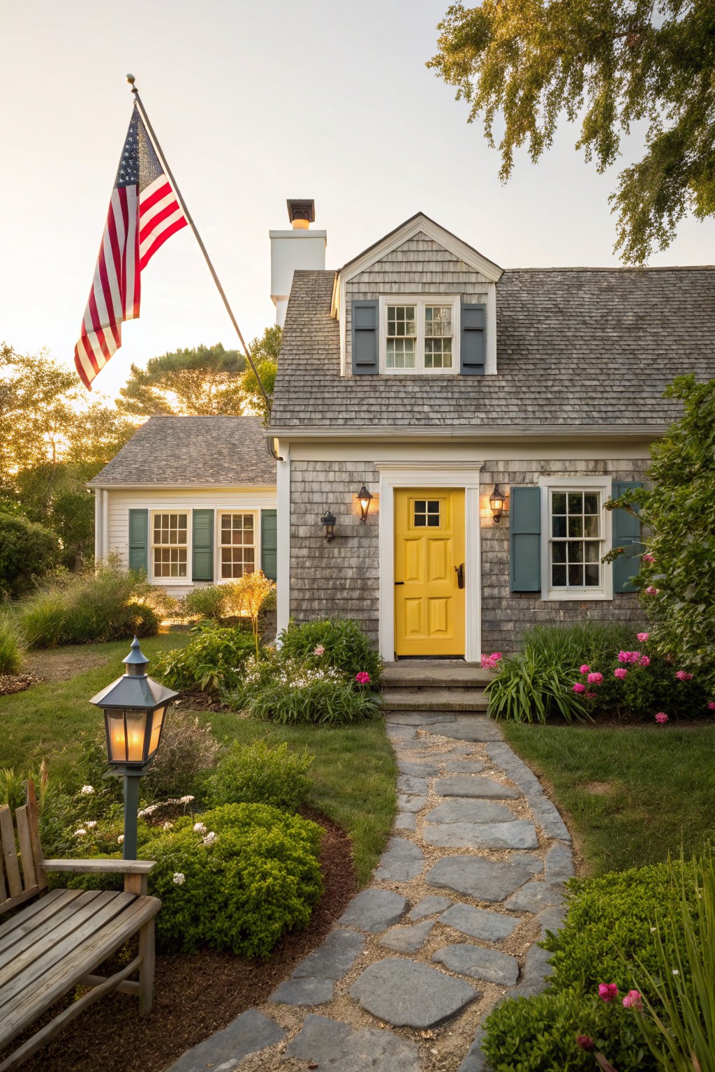 Gray shingle-clad house exterior with a yellow front door, white trim, green shutters on windows, lanterns flanking the door, stone pathway leading to steps, garden beds with flowers and shrubs, and an American flag on a pole.