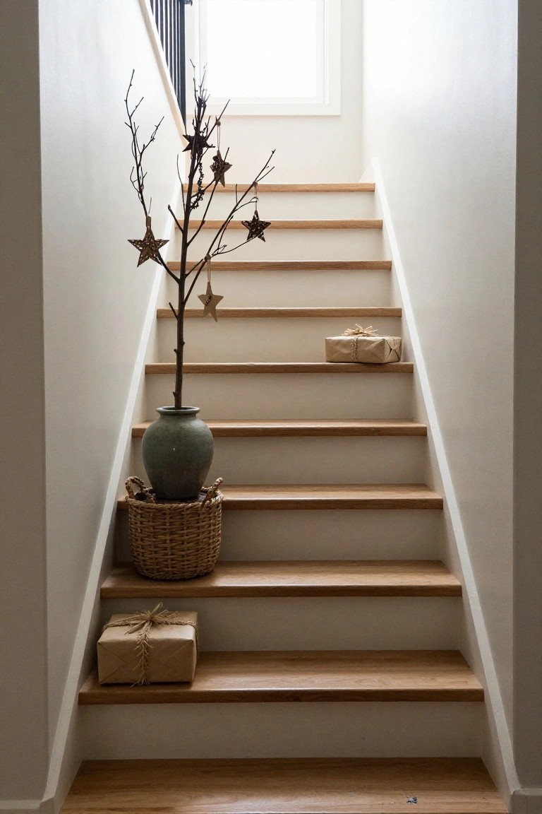 Wooden staircase with light steps, a tall gray vase holding a thin branch decorated with multiple star-shaped ornaments, a woven basket around the vase base, and two wrapped beige gift boxes placed on separate steps.