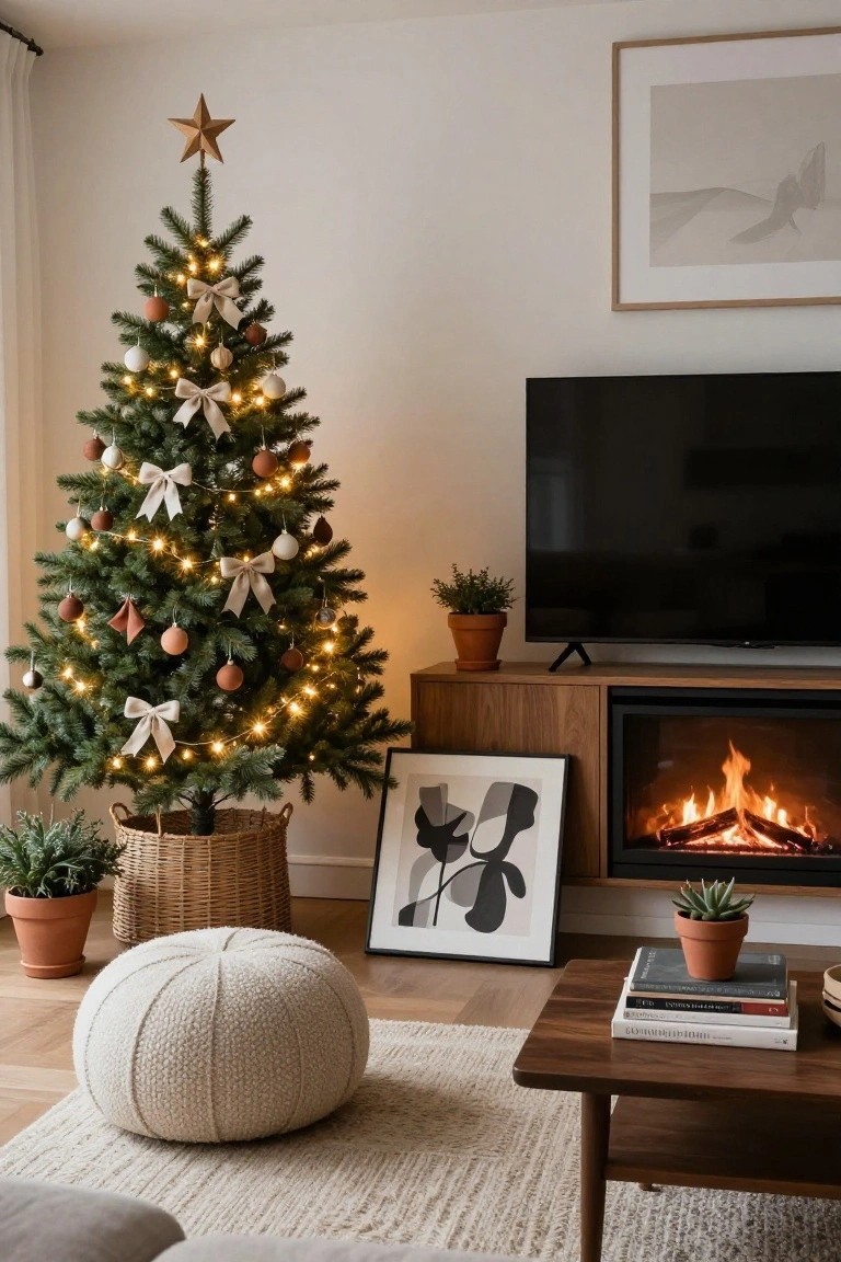 Living room with a small Christmas tree decorated in white, beige, terracotta ornaments and ribbons, string lights, next to a wood TV console, electric fireplace, neutral furniture, pouf, plants, and artwork on white walls.