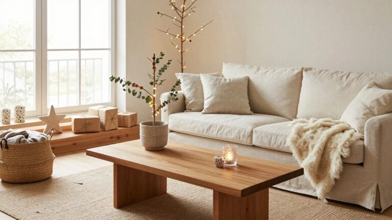 19 Chic Scandinavian Christmas Tree Ideas That Embrace Simple Beauty A cozy Scandinavian living room featuring a light-colored sofa, wooden coffee table, and a minimalist tree adorned with fairy lights, creating a warm ambiance.