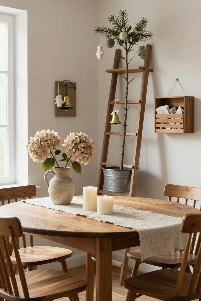 Round wooden dining table with linen runner and candles in a light neutral room corner, small pine Christmas tree on wooden ladder with wool and bell ornaments, dried hydrangeas in terracotta vase, wooden chairs, wall-mounted bell and shelf box.