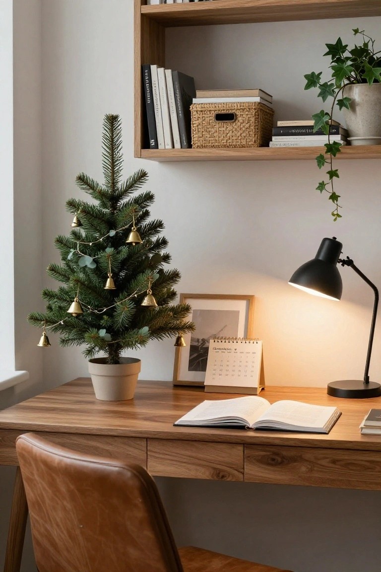 A small potted Christmas tree decorated with gold bells stands next to a wooden desk in a home office with open wooden shelves, books, plants, a desk lamp, and a calendar.