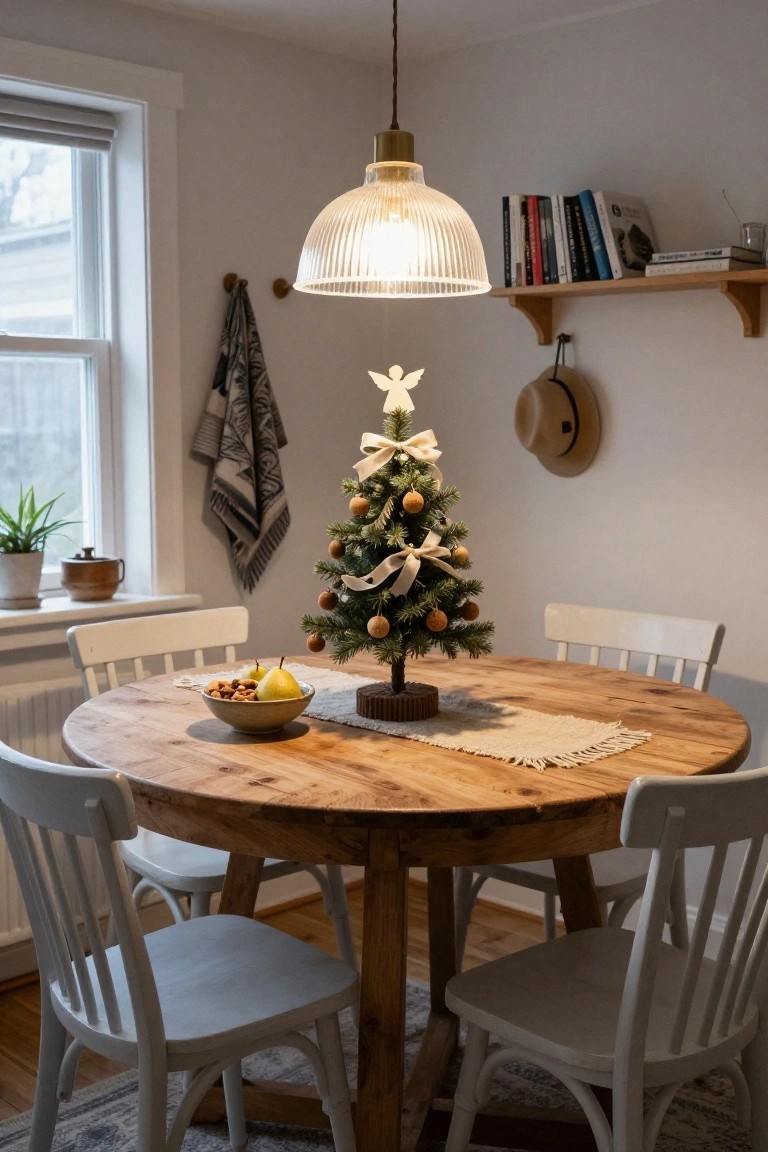 A small decorated Christmas tree with white ribbons and orange ball ornaments centered on a round wooden dining table with white chairs in a light Scandinavian dining room.