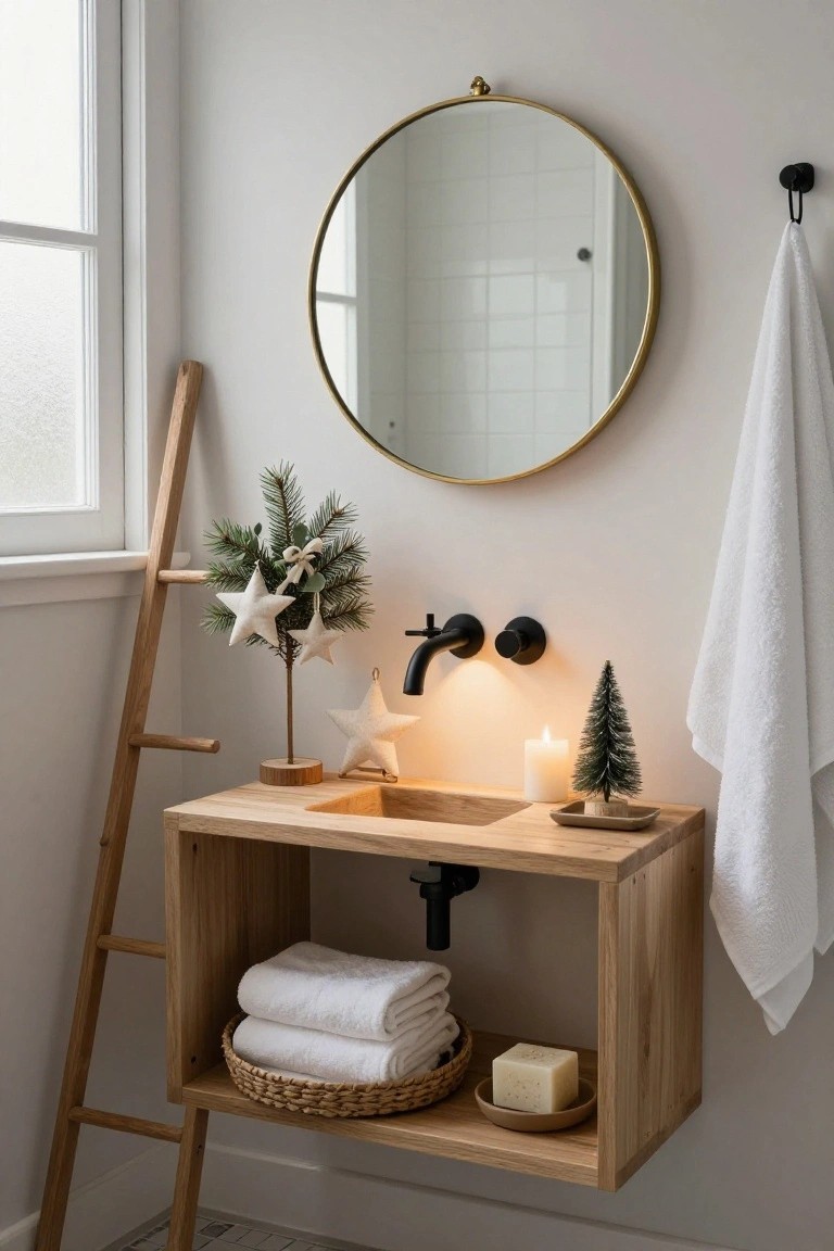 Wooden floating bathroom vanity with black wall-mounted faucet, decorated with two small flocked Christmas trees, white fabric star ornaments, a white candle, soap dish, and basket of towels underneath, next to a ladder shelf, gold round mirror, and hanging towel.