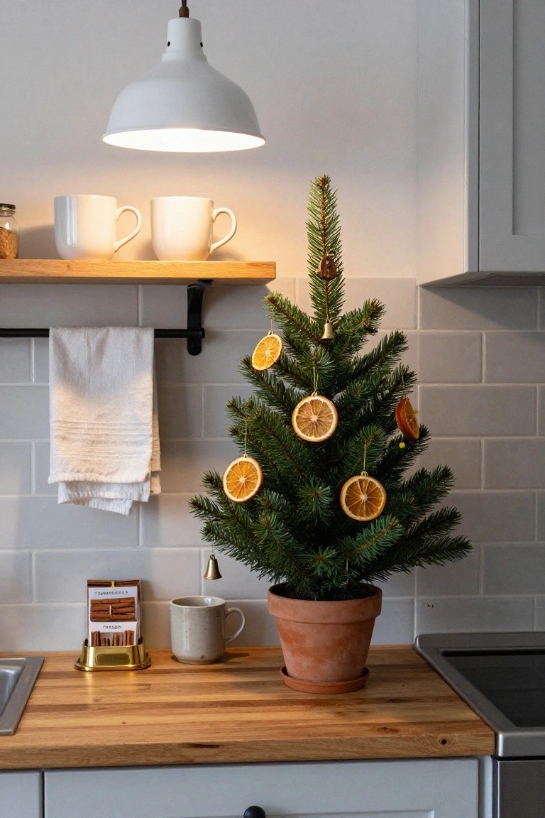 Small potted evergreen Christmas tree decorated with dried orange slices, bells, and a cinnamon stick bundle on a wooden kitchen countertop next to white mugs, a teapot, and gold holder in a light kitchen with gray subway tiles and pendant lamp.