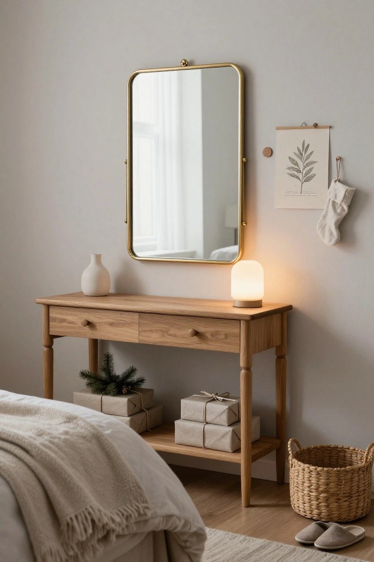 Oak console table in a beige bedroom corner with gold-framed mirror above, white vase and lamp on top, small potted Christmas tree and stacked wrapped gifts on lower shelf, wicker basket and slippers on wood floor nearby.