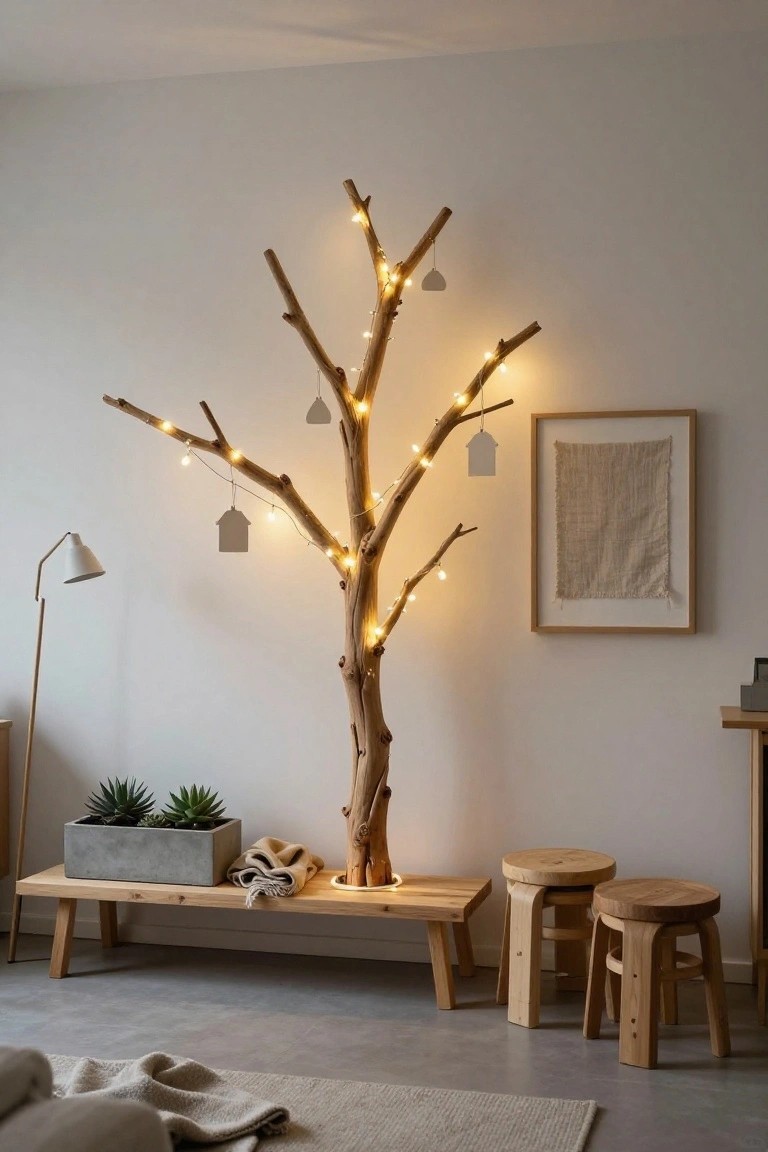 Tall driftwood branch sculpture decorated with fairy lights and hanging paper ornaments stands in a light-colored indoor room next to wooden benches, stools, plants, and a lamp.