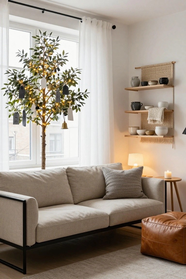 Living room corner featuring a lit faux olive tree decorated as a Christmas tree with hanging tags and bells, beside a beige sofa, wooden shelves with ceramics and textiles, and table lamps.
