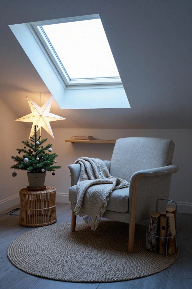 Attic room corner with small potted Christmas tree decorated in blue and white ornaments on a woven stool next to a light gray armchair with knitted throw on a round jute rug, skylight above, and hanging white paper star lantern.